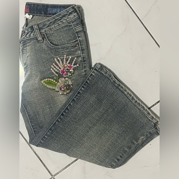 Leo Roma Italy vintage sequin beaded stone washed Capri flared denim jeans New - Picture 4 of 10